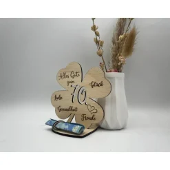 Clearance Geldgeschenk Kleeblatt Holz 70. Geburtstag, 12,5cm oder 18,0cm, Geldgeschenk auf Wunsch mit Namensgravur Geldgeschenke