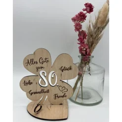New Geldgeschenk Kleeblatt Holz 80. Geburtstag, 12,5cm oder 18,0cm, Geldgeschenk auf Wunsch mit Namensgravur Geldgeschenke