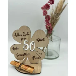New Geldgeschenk Kleeblatt Holz 80. Geburtstag, 12,5cm oder 18,0cm, Geldgeschenk auf Wunsch mit Namensgravur Geldgeschenke