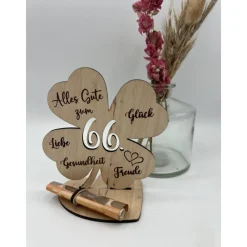 New Geldgeschenk Kleeblatt Holz 66. Geburtstag, 12,5cm oder 18,0cm, Geldgeschenk auf Wunsch mit Namensgravur Geldgeschenke