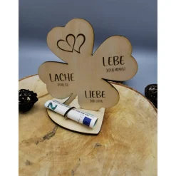 Clearance Geldgeschenk Kleeblatt Holz 60. Geburtstag, 12,5cm oder 18,0cm, Geldgeschenk auf Wunsch mit Namensgravur Geldgeschenke