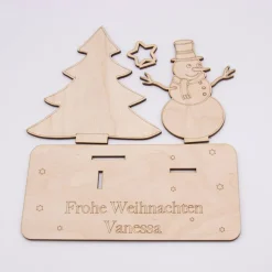Clearance Geldgeschenk Schneemann mit Tannenbaum - aus Holz personalisiert Geldgeschenke