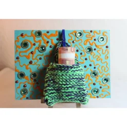 Kunst|Susanne Hiebl...die etwas andere Art! Geldgeschenk TASCHERL TÜRKIS/ORANGE Collage auf einer Malplatte inklusive Staffelei und einer kleinen Wolltasche - Ge