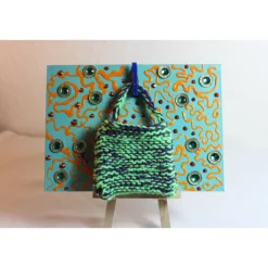 Kunst|Susanne Hiebl...die etwas andere Art! Geldgeschenk TASCHERL TÜRKIS/ORANGE Collage auf einer Malplatte inklusive Staffelei und einer kleinen Wolltasche - Ge