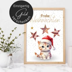 Geldgeschenke|DekowerkSeeger Geldgeschenk Weihnachten Katze mit Weihnachtsmütze |  Geschenkidee Weihnachtsgeld | Wunscherfüller Geld Stern