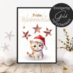 Geldgeschenke|DekowerkSeeger Geldgeschenk Weihnachten Katze mit Weihnachtsmütze |  Geschenkidee Weihnachtsgeld | Wunscherfüller Geld Stern