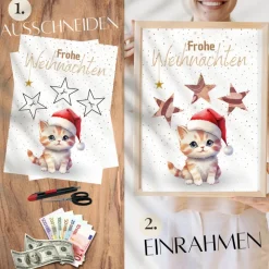 Geldgeschenke|DekowerkSeeger Geldgeschenk Weihnachten Katze mit Weihnachtsmütze |  Geschenkidee Weihnachtsgeld | Wunscherfüller Geld Stern