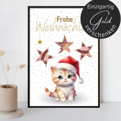 Geldgeschenke|DekowerkSeeger Geldgeschenk Weihnachten Katze mit Weihnachtsmütze |  Geschenkidee Weihnachtsgeld | Wunscherfüller Geld Stern