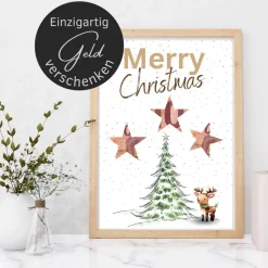 Geldgeschenke|DekowerkSeeger Geldgeschenk Weihnachten Rentier vor Wintertanne |  Geschenkidee Weihnachtsgeld | Wunscherfüller Geld Stern