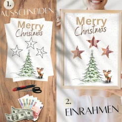 Geldgeschenke|DekowerkSeeger Geldgeschenk Weihnachten Rentier vor Wintertanne |  Geschenkidee Weihnachtsgeld | Wunscherfüller Geld Stern