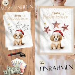 Geldgeschenke|DekowerkSeeger Geldgeschenk Weihnachten Hund mit Weihnachtsmütze |  Geschenkidee Weihnachtsgeld | Wunscherfüller Geld Stern