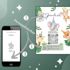 Clearance Geldgeschenk zum Geburtstag | Personalisiert | Digitale Spardose | QrCode Geschenkkarte | Party Elefant Geldgeschenke