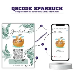 New Geldgeschenk zur Taufe | Personalisiert | Digitale Spardose | QrCode Taufkarte | Arche Noah Geldgeschenke