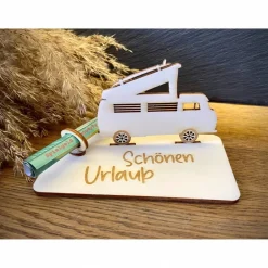 Geschenke|WoodyfyKreativ Geldscheinhalter Camper, Wohnmobil, Van, Bulli, VW, Camping, Urlaub, Geburtstag, Geschenk, Wunschtext, Personalisierbar