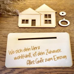 Geschenke|WoodyfyKreativ Geldscheinhalter Haus, Hausbau, Einweihung, Richtfest, Geburtstag, Geschenk, Wunschtext, Personalisierbar