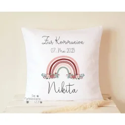 Best Geschenk zur Kommunion Kissen personalisiert Blumen lila weiß Monogramm Geschenke
