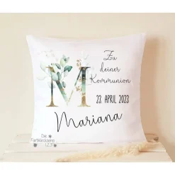 Best Geschenk zur Kommunion Kissen personalisiert Blumen lila weiß Monogramm Geschenke