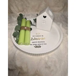 Geschenke|Herzenssache(n) Geschenkset Einweihung, Umzug & Richtfest – Raysin Haus, Kerzen, Eukalyptus, Teller (21,5 cm)