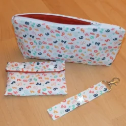 New Geschenk-Set: Federmäppchen, Etui und Schlüsselband mit bunten Zahlen aus Biobaumwolle, Handarbeit Kinder Federmäppchen