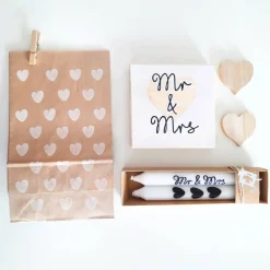 Hot Geschenkset zur HOCHZEIT | Holzschild + 2 Kerzen + 2 Herzen + Geschenktüte Hochzeitsdeko