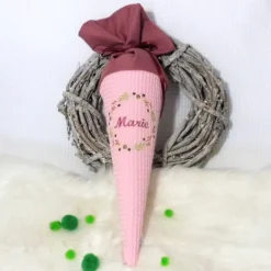 Best Geschwistertüte & Schultüte personalisiert – Rosa Zuckertüte mit Blumenkranz & Name bestickt Kinder Schultüten