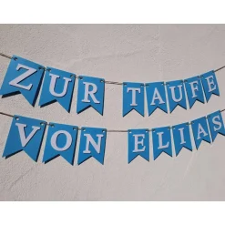 Taufschmuck|TiJaPapierDeko Girlande Wimpelkette zur Taufe auf Wunsch personalisiert mit Wunschnamen Pastell Blau Wimpel Dekoration Papier-Deko