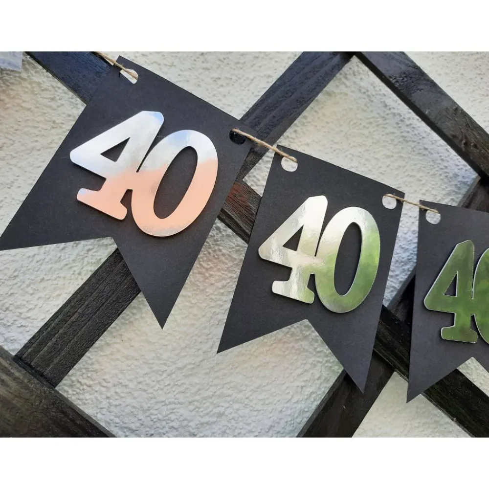 Clearance Girlande zum 40. Geburtstag in Silber und Schwarz, tolle Farben mit Spiegeleffekt! Wimpel, Wimpelkette in angesagten Tre Dekoration