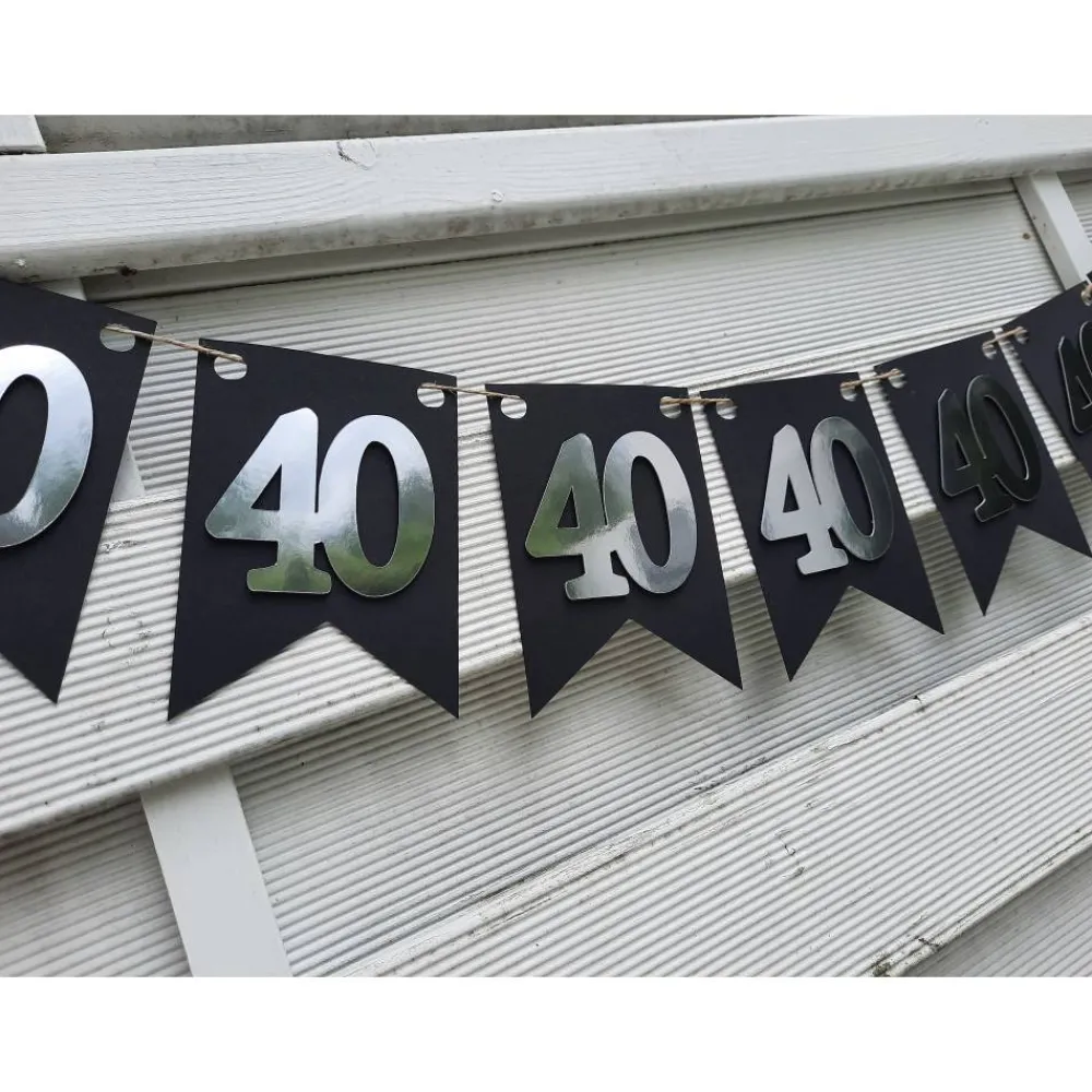 Clearance Girlande zum 40. Geburtstag in Silber und Schwarz, tolle Farben mit Spiegeleffekt! Wimpel, Wimpelkette in angesagten Tre Dekoration