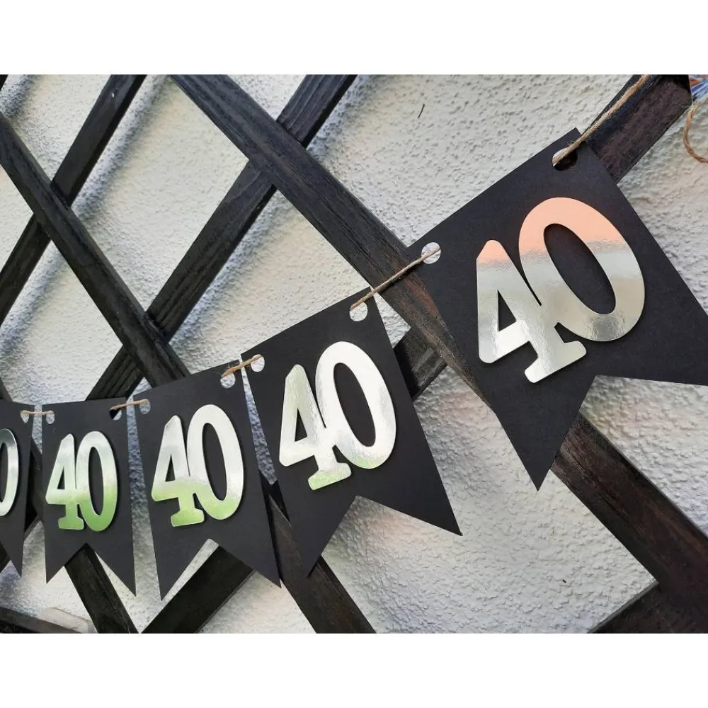Clearance Girlande zum 40. Geburtstag in Silber und Schwarz, tolle Farben mit Spiegeleffekt! Wimpel, Wimpelkette in angesagten Tre Dekoration