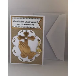 Best Glückwunsch Karte zur Kommunion mit abnehmbaren Schutzengel weiß/gold und Strass, Grußkarte Glückwunschkarten