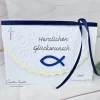 Discount Glückwunschkarte blau-silber Holzfisch zur Kommunion Glückwunschkarten