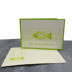 Online Glückwunschkarte Kommunion, Konfirmation & Firmung – Fisch Maigrün, handgemacht, mit Umschlag & Einlegeblatt Glückwunschkarten