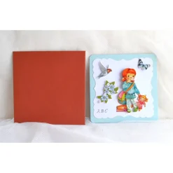Glückwunschkarten|Geschenke und Keramik Glückwunschkarte zum Schulanfang Mädchen mit Puppe hellblau-rostrot (5)