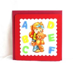 New Glückwunschkarte zum Schulanfang Mädchen mit Bär rot-rot mit Filzbuchstaben A-F (4) Kinder Glückwunschkarten