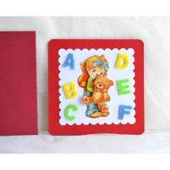 New Glückwunschkarte zum Schulanfang Mädchen mit Bär rot-rot mit Filzbuchstaben A-F (4) Kinder Glückwunschkarten