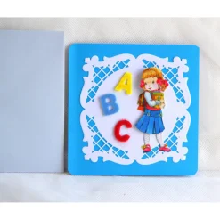 New Glückwunschkarte zum Schulanfang blau-hellblau, Mädchen mit Filzbuchstaben ABC (8) Kinder Glückwunschkarten