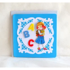 New Glückwunschkarte zum Schulanfang blau-hellblau, Mädchen mit Filzbuchstaben ABC (8) Kinder Glückwunschkarten