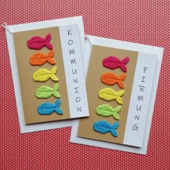 Outlet Glückwunschkarte zur Kommunion Firmung Konfirmation mit Regenbogen-Fischen gehäkelt Glückwunschkarten