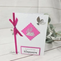 Glückwunschkarten|CreativAnita Glückwunschkarte zur Kommunion - weiß-pink-silber mit Taube