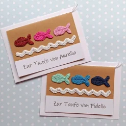 Sale Glückwunschkarte zur Taufe mit Fischen und Wasser gehäkelt mit Wunschtext Glückwunschkarten