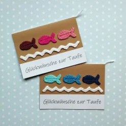 Sale Glückwunschkarte zur Taufe mit Fischen und Wasser gehäkelt mit Wunschtext Glückwunschkarten