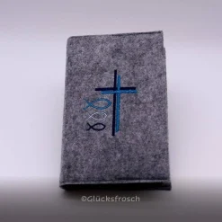 Best Gotteslob Filzhülle, grau, bestickt mit 2 Kreuzen und 3 Fischen, personalisierbar Gotteslobhülle