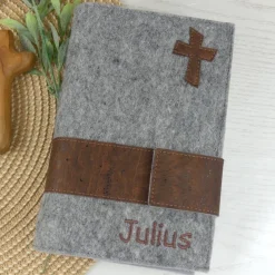 Best Gotteslobhülle Filz grau personalisiert – Bibelhülle mit Kork, Geschenk zur Konfirmation & Erstkommunion Gastgeschenke