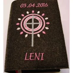 Sale Gotteslobhülle handgefertigt Filz 3mm graumeliert Kreuz Kreise Strahlen rosa personalisierbar Name und Datum bestickt Gotteslobhülle