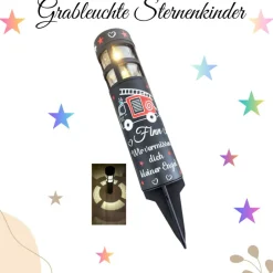 Best Grabschmuck Solarleuchte personalisiert mit süßen Feuerwehrauto Motiv, grableuchte solar sternenkind Trauerkerzen