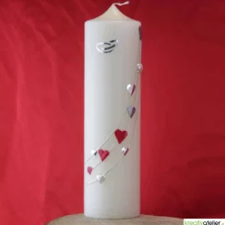 Sale Große Hochzeitskerze Herzreigen in Elfenbein mit silbernen Herzen und Eheringen, personalisierbar, edle Hochzeitsdeko Hochzeitskerzen