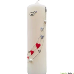 Sale Große Hochzeitskerze Herzreigen in Elfenbein mit silbernen Herzen und Eheringen, personalisierbar, edle Hochzeitsdeko Hochzeitskerzen