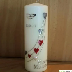 Sale Große Hochzeitskerze Herzreigen in Elfenbein mit silbernen Herzen und Eheringen, personalisierbar, edle Hochzeitsdeko Hochzeitskerzen