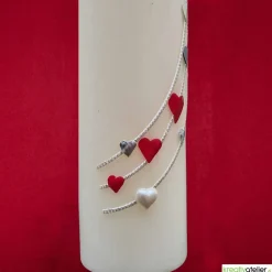 Sale Große Hochzeitskerze Herzreigen in Elfenbein mit silbernen Herzen und Eheringen, personalisierbar, edle Hochzeitsdeko Hochzeitskerzen