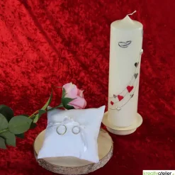 Sale Große Hochzeitskerze Herzreigen in Elfenbein mit silbernen Herzen und Eheringen, personalisierbar, edle Hochzeitsdeko Hochzeitskerzen